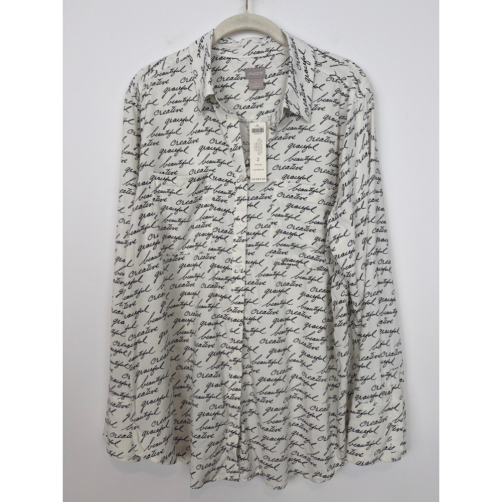 NWT Chicos Script Print Shirt L Minimalist Soft Academic Art English Teacher
